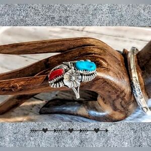 Vintage Native Turquoise & Coral Sterling Silver Ring